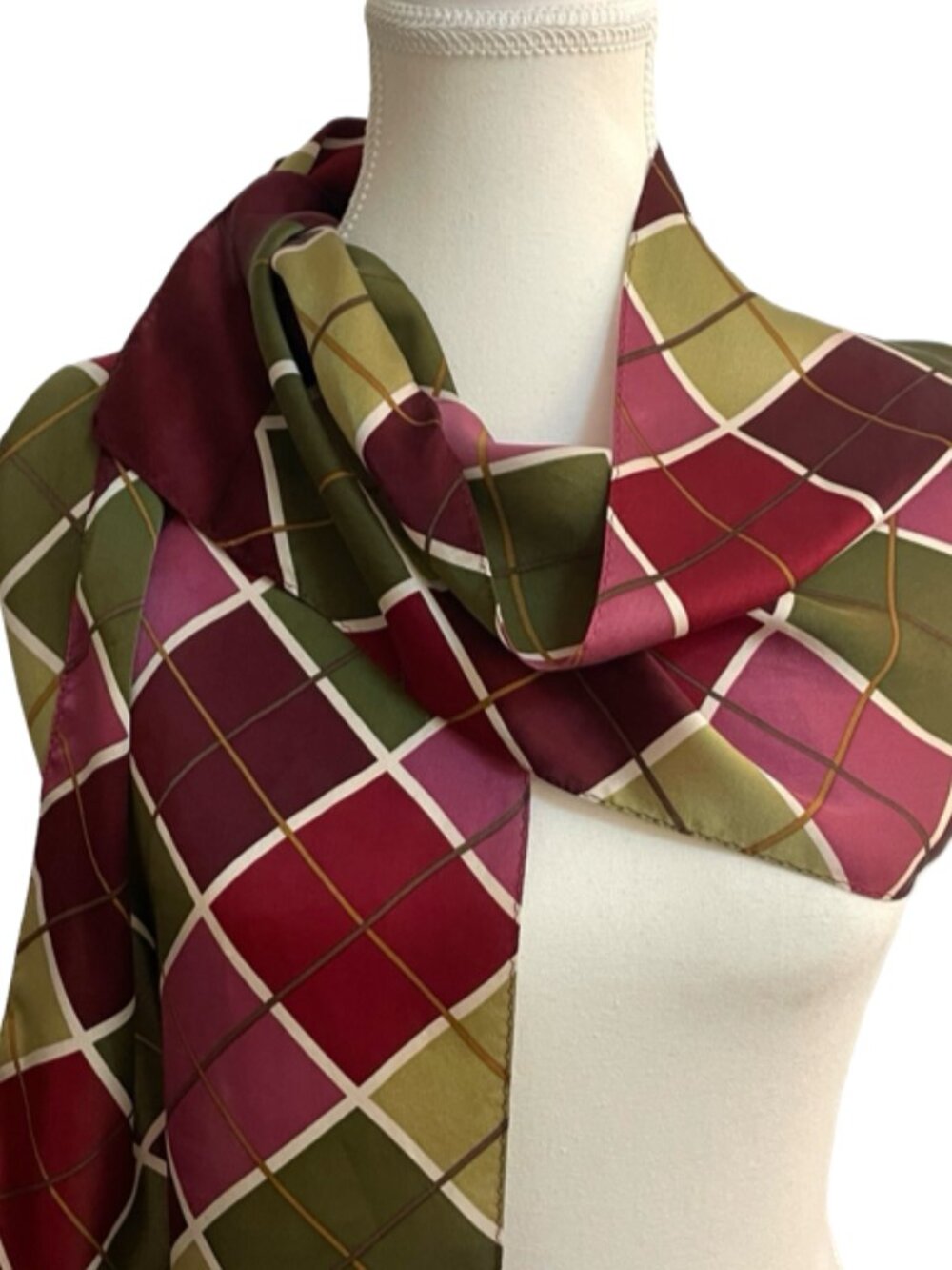 Echo 100% Silk Windowpane Plaid Oblong Scarf | Burgundy, Olive & Pink | 50" x 11